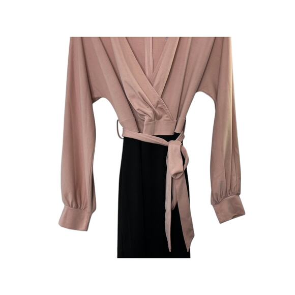 Grace Karin Pink & Black Classic V-Neckline Long Sleeve Form Fitting Wrap Dress - Picture 6 of 12